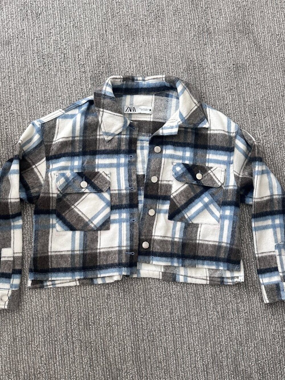 Zara Plaid Cropped Overshirt Shacket Blue Cream Size S
